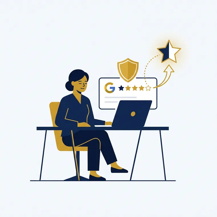 Betriebsinhaberin prüft eine negative Google-Bewertung am Laptop
